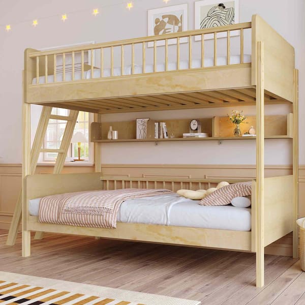 Natural Twin Over Twin Wood Bunk Bed with 3-Storage Shelves, Ladder can be Changed Left or Right