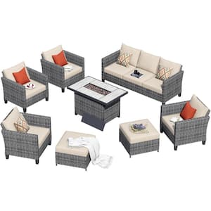 New Star Gray 8-Piece Wicker Patio Rectangle Fire Pit Conversation Seating Set with Beige Cushions
