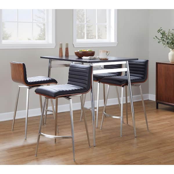 Lumisource Marcel-Mason 5-Pc Black Faux Leather Walnut Wood Stainless Steel Chrome Metal and Black Wood Counter Height Dining Set