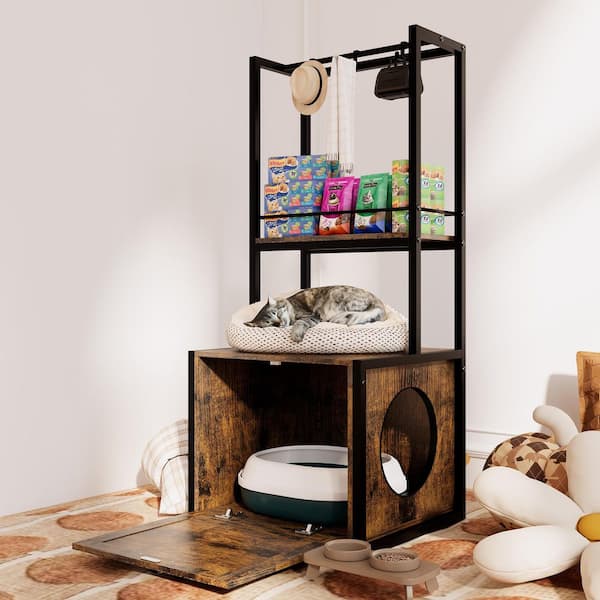 4-in-1 Hidden Litter Box Enclosure with Storage Shelves and 2-Hanging Clothes Rack, Brown