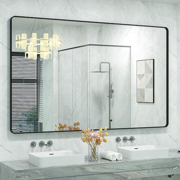 60 in. W. x 40 in. H Rectangular Framed French Cleat Wall Mounted Tempered Glass Bathroom Vanity Mirror in Matte Black