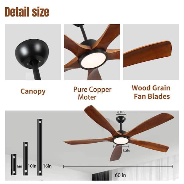 PUDO 60 in. Integrated LED Low Profile Brown Indoor Ceiling Fan