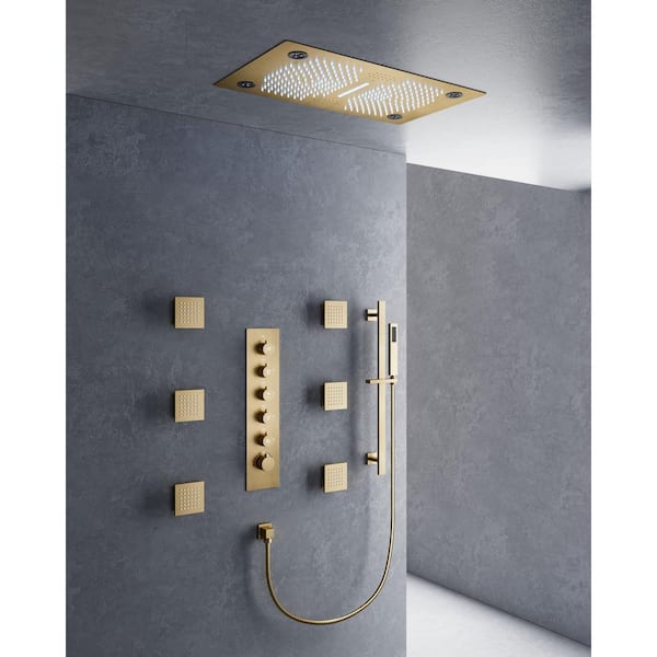 Thermostatic 31-Spray 28 x 16 in. Rectangle LED Mood Lighting Bluetooth Music Shower System with Valve in Brushed Gold