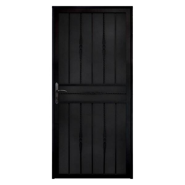 Unique Home Designs 36 in. x 80 in. Cottage Rose Black Recessed Mount Steel Security Door with Perforated Metal Screen and Bronze Hardware