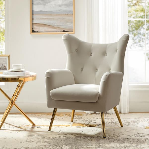 Jacob Tan Tufted Accent Wingback Chair with Golden Base
