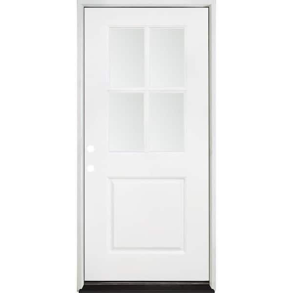 32 in. x 80 in. Legacy 4 Lite Half Lite Clear Glass Right Hand Inswing White Primed Fiberglass Prehung Front Door
