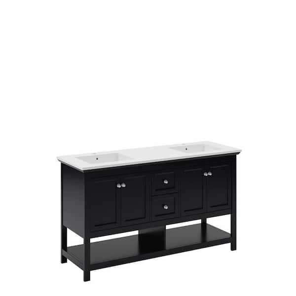 Fresca Manchester 60 in. Double Sink Shaker-Style Black Bath Vanity with White Quartz Top and Integrated Sink