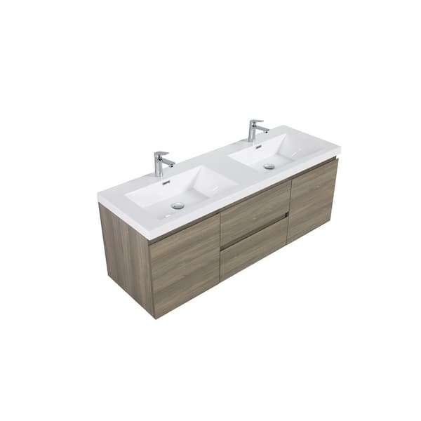 58.74 in. W Double Sinks Wall-Mounted Ash Gray Bath Vanity With White Resin Top Unassembled