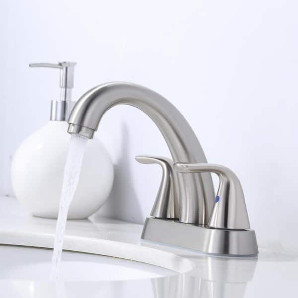 4 in. Centerset Double Handle High Arc Bathroom Faucet with Drain Kit, 2-Aerators and Supply Lines in Brushed Nickel