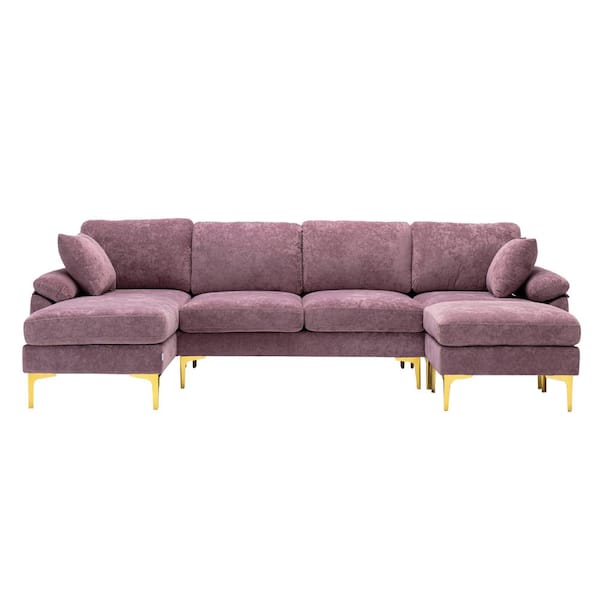 Unbranded Modern 114.42 in. W Pillow Top Round Arm Polyester L Shaped Sofa with 1 Ottoman in Purple