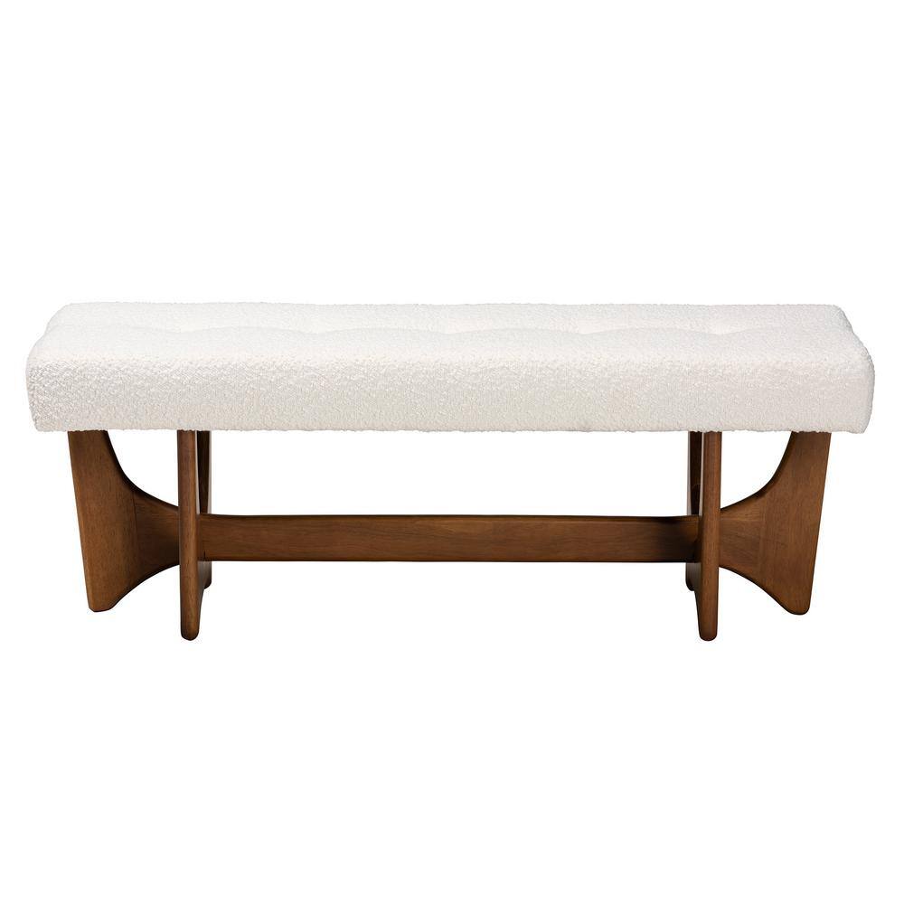 Cream Boucle Fabric and Walnut Wood Bench with Button-Tufted Seat