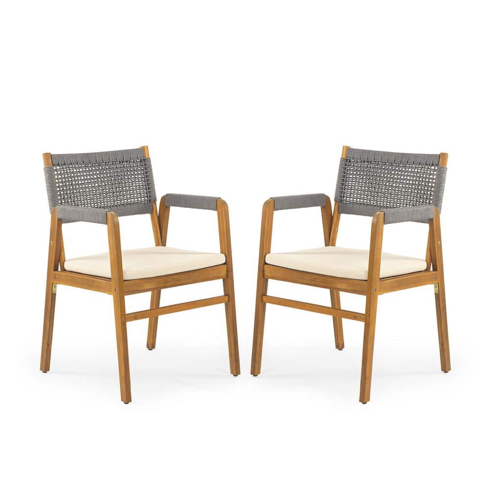 Gray Rope Woven Acacia Wood Dining Chairs with Cushions, Set of 2