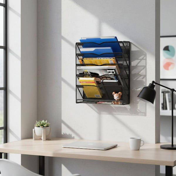 12.6 in. x 4.2 in. 6-Tier Black Metal Wall Magnetic Magazine Rack