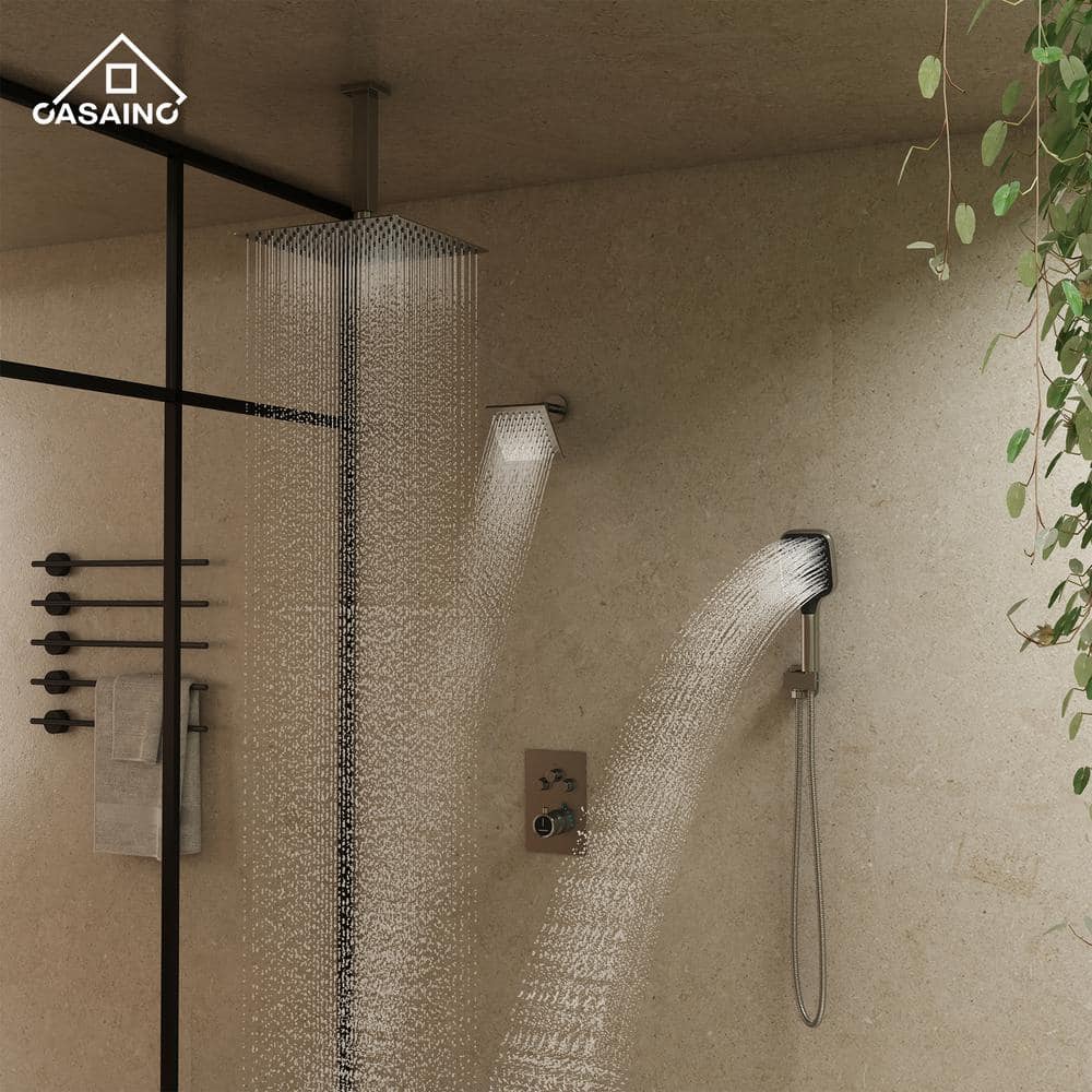 Brushed Nickel 12-Inch Dual Square Ceiling Mounted Shower System