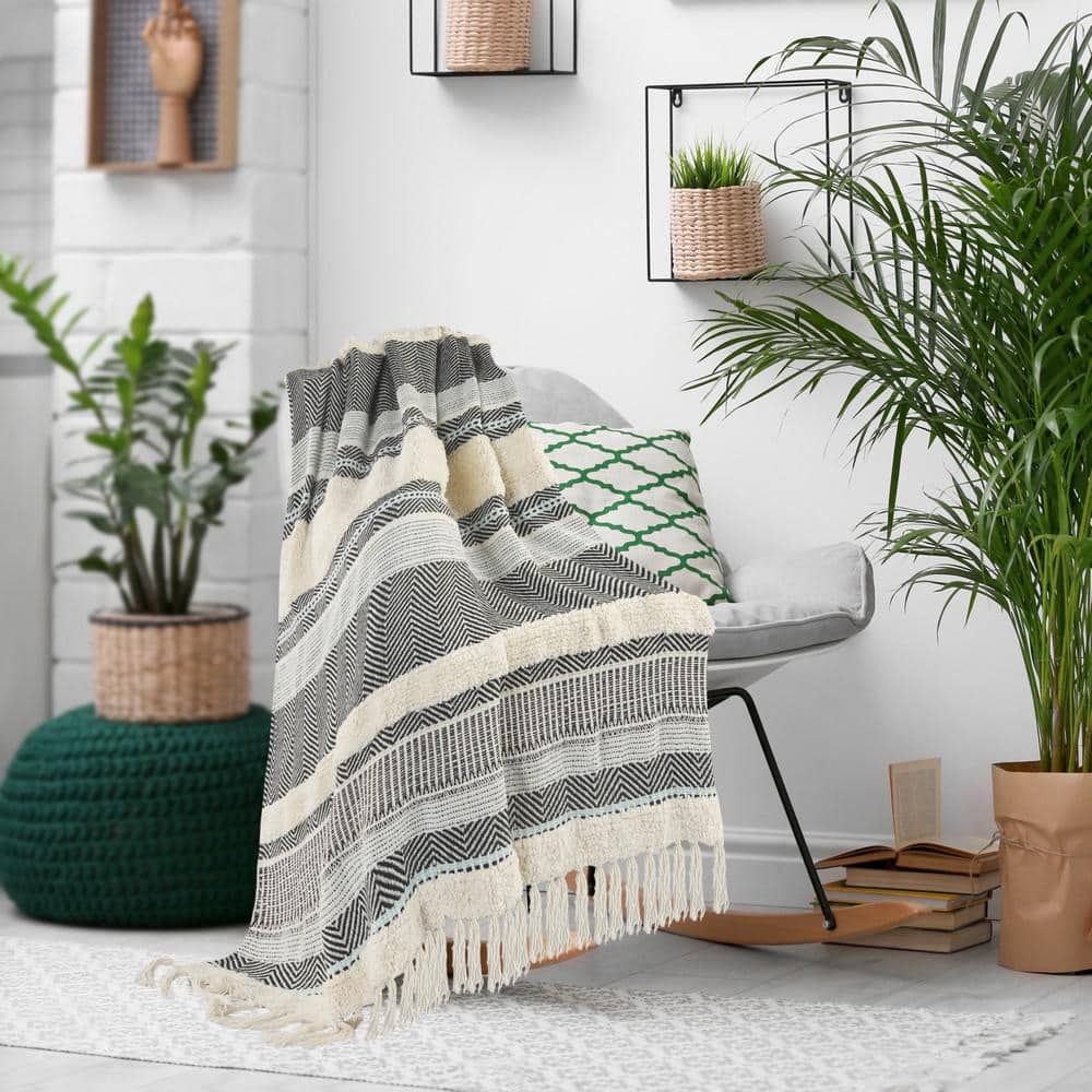Organic Cotton Herringbone Striped Throw Blanket, 50" x 60", Multi