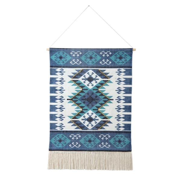 LR Home Southwestern 19.5 in. x 36 in. Teal / Blue / White / Yellow Bordered Boho Macrame Fringe Wall Hanging