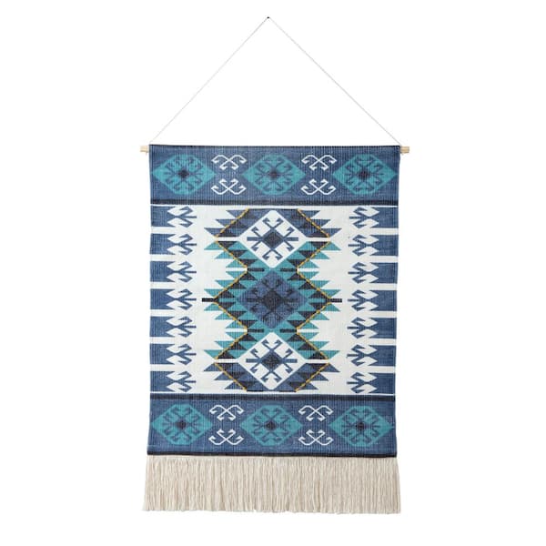 Unbranded Southwestern 19.5 in. x 36 in. Teal/Blue/White/Yellow Bordered Boho Macrame Fringe Wall Hanging