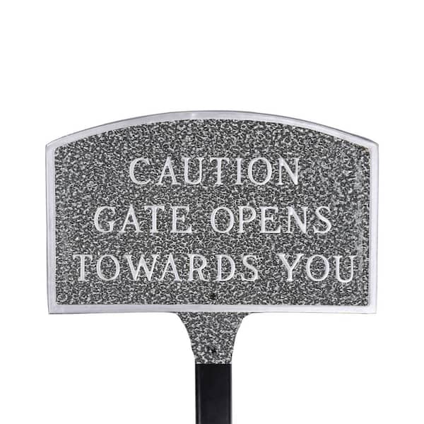 Montague Metal Products 5.5 in. x 9 in. Small Arch Caution Gate Opens Towards You Statement Plaque Sign with Lawn Stake - Swedish Iron