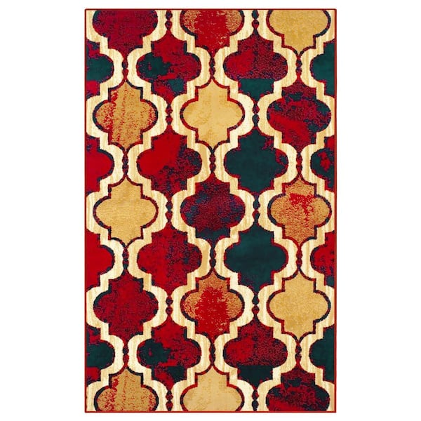 Viking Red Blue 4 ft. x 6 ft. Contemporary Trellis Non-Slip Area Rug