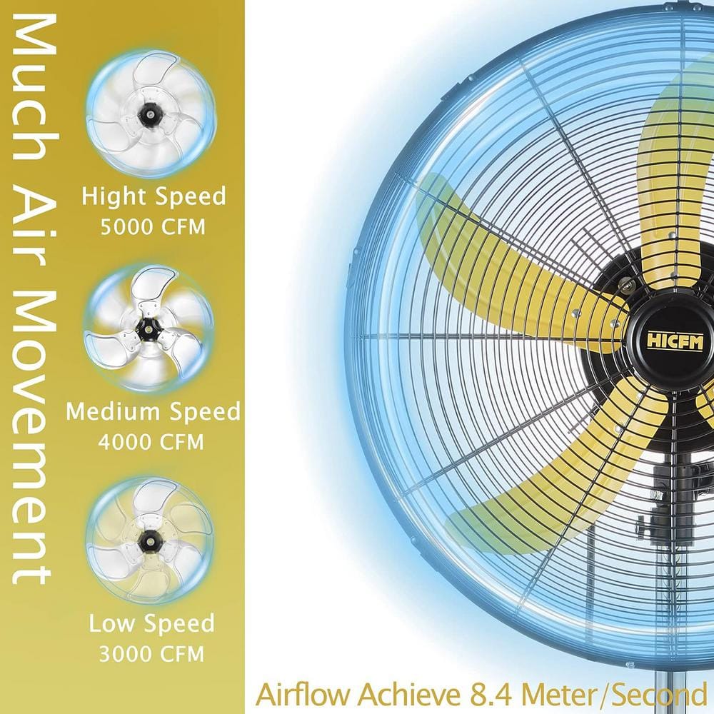 20-inch Yellow Aluminum Oscillating Pedestal Fan with Adjustable Height