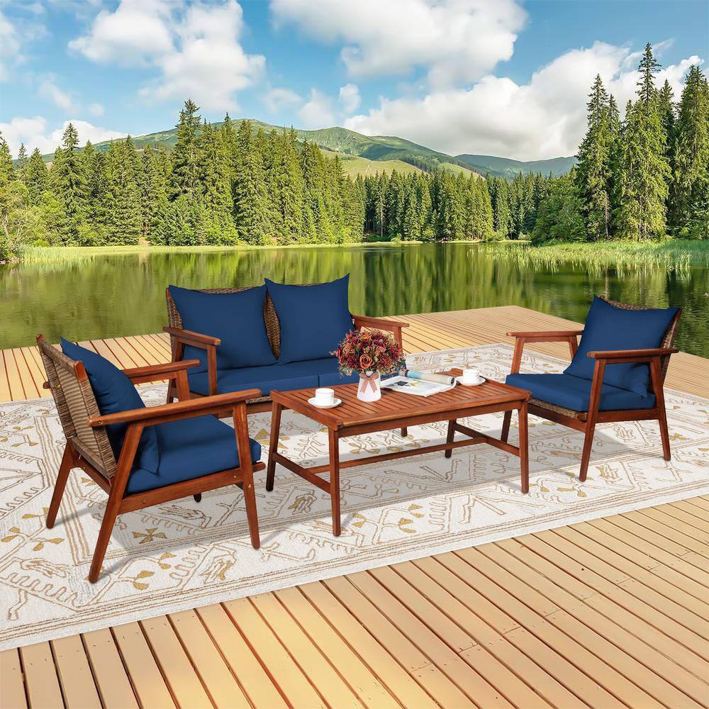 Navy Acacia Wood and Rattan 4-Piece Outdoor Patio Set