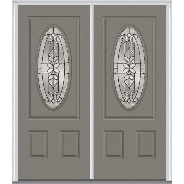 Milliken Millwork 74 in. x 81.75 in. Cadence Decorative Glass 3/4 Oval Painted Fiberglass Smooth Exterior Double Door