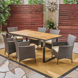 Hartland Teak Brown 7-Piece Wood and Multi-Brown Faux Rattan Outdoor Dining Set with Beige Cushions