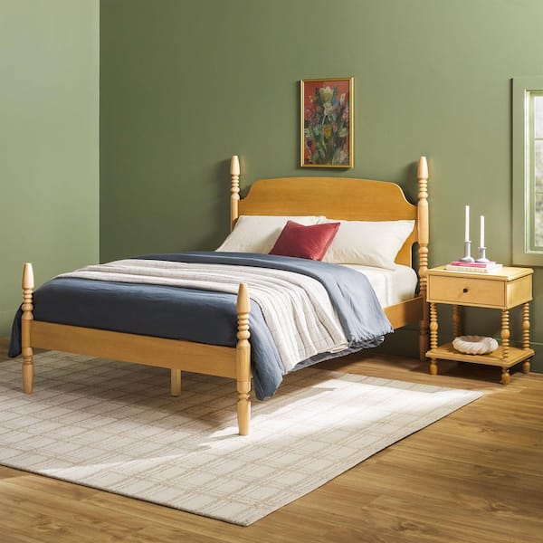 Modern Farmhouse Easy Assembly 2-Piece Natural Solid Wood 1-drawer Nightstand and Queen Bed Bedroom Set
