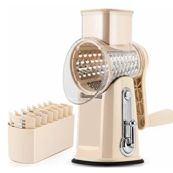 Beige Rotary Cheese Grater with Handle with 5 Stainless Steel Blades and Suction Base for Kitchen Use