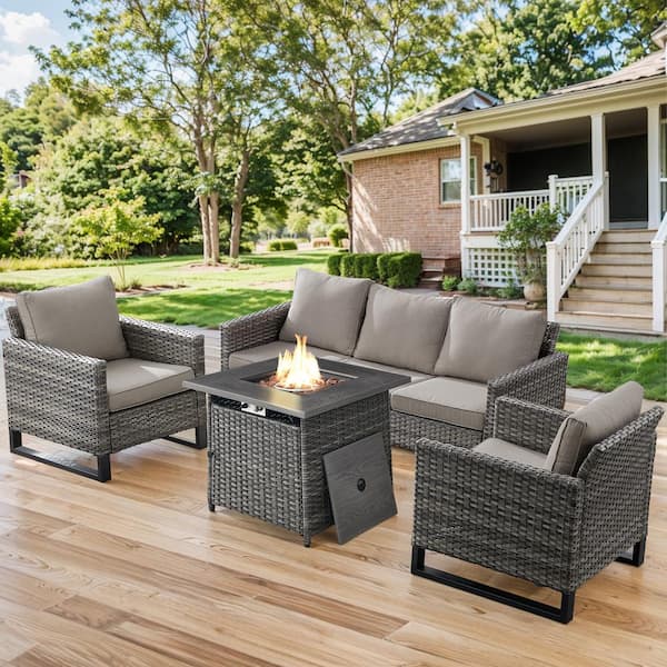 Gymojoy Valenta Gray Wicker 4-Piece Patio Conversation Sofa Set Outdoor Furniture Sectional Fire Pit Table and Gray Cushions