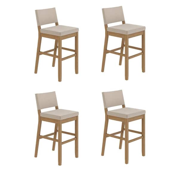 Linus Modern Upholstered Bar Stool with Back and Solid Rubberwood Legs in a Wire-Brushed Brown Finish, Set of 4