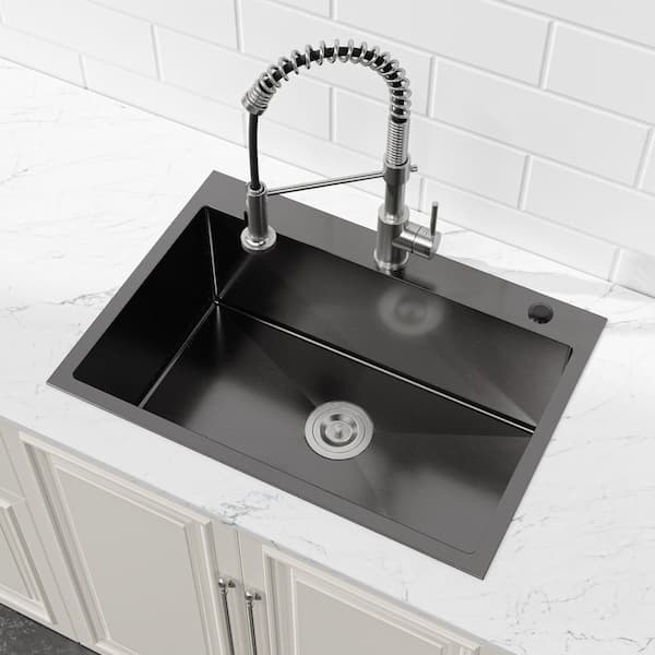 27 in. x 19 in. Black Stainless Steel Single Bowl Drop-In Kitchen Sink with Drain and Hooks