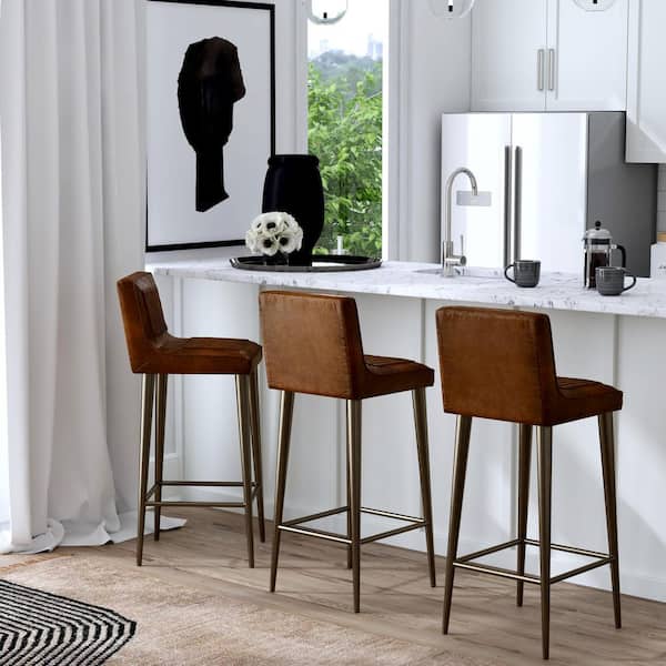 Butler Specialty Company Maxwell 32 in. Seat Height Dark Brown Leather and Iron Bar Height Stool with Back