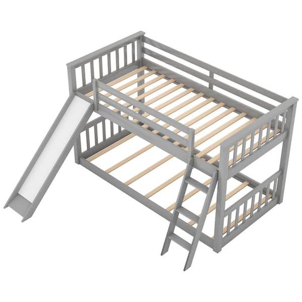ANBAZAR Gray Twin Bunk Bed with Convertible Slide and Ladder, Floor Bunk Beds for Kids, No Box Spring Needed