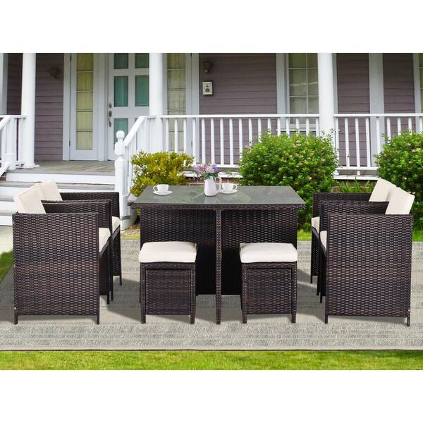Harper Bright Designs Gillen Brown 9 Piece Wicker Patio Conversation Set With White Cushions Sg000061aaa The Home Depot - White Wicker Patio Table Set