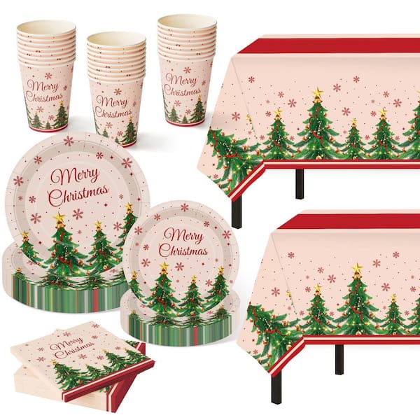 102Pcs Christmas Tree Themed Party Set, Red Green Disposable Tableware Kit w Plates Cups Napkins Tablecloths for Holiday
