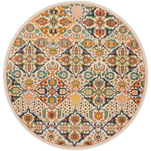 Nourison Allur Ivory Multicolor 8 ft. x 8 ft. All-over design Transitional Round Area Rug