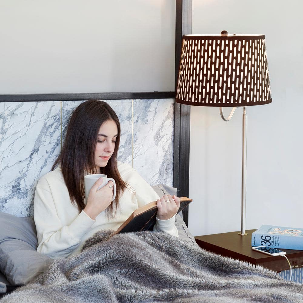 Madison Mid-Century Modern Side Table with Built-In LED Lamp and USB Ports, Havana Brown