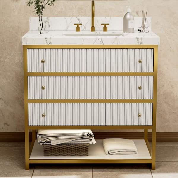 Solidoak 36 in. W x 22 in. D x 35.4 in. H Single Sink Bath Vanity in White with White Cultured Marble Top