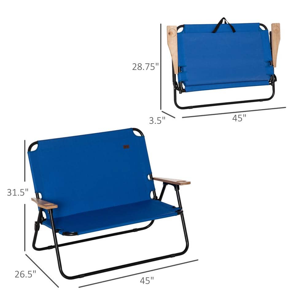 Blue Folding Double Camping Chair with Wood Armrests