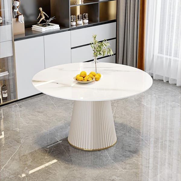 53 in. Round Sintered Stone Tabletop with White Pedestal Metal Base Kitchen Dining Table (Seats 6)