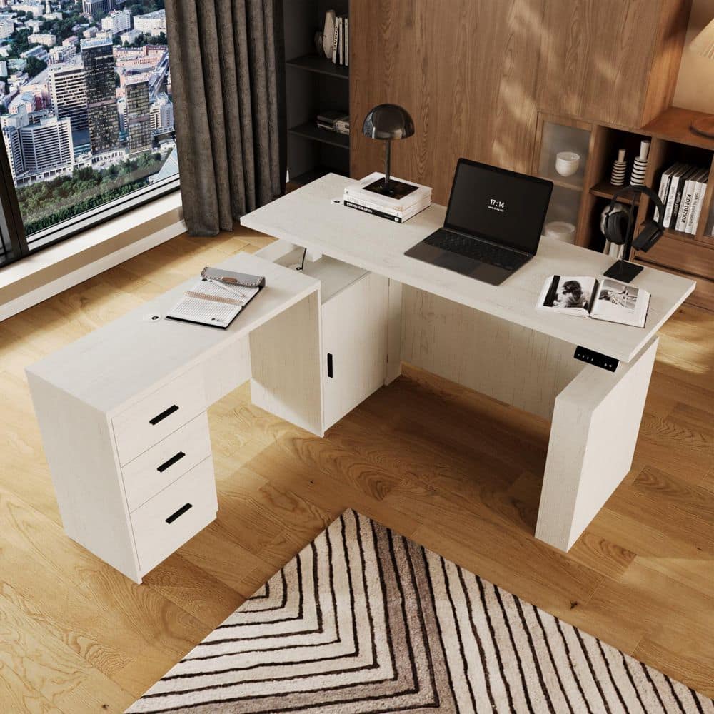 FUFU&GAGA 63 in. L-Shaped Cream White Wood Grain Electric