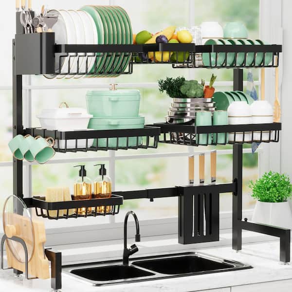 31.5-39 Inch Over Sink Dish Drying Rack with Utensil Knife Holder Hooks Stainless Steel Black Adjustable Organizer