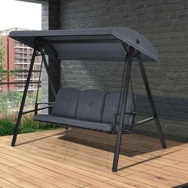 3-Person Metal Outdoor Patio Swing with Gray Cushions and Adjust Canopy
