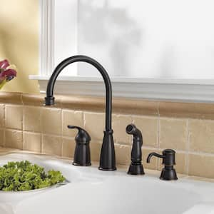 Avalon Single Handle High-Arc Standard Kitchen Faucet with Side Sprayer and Soap Dispenser in Tuscan Bronze