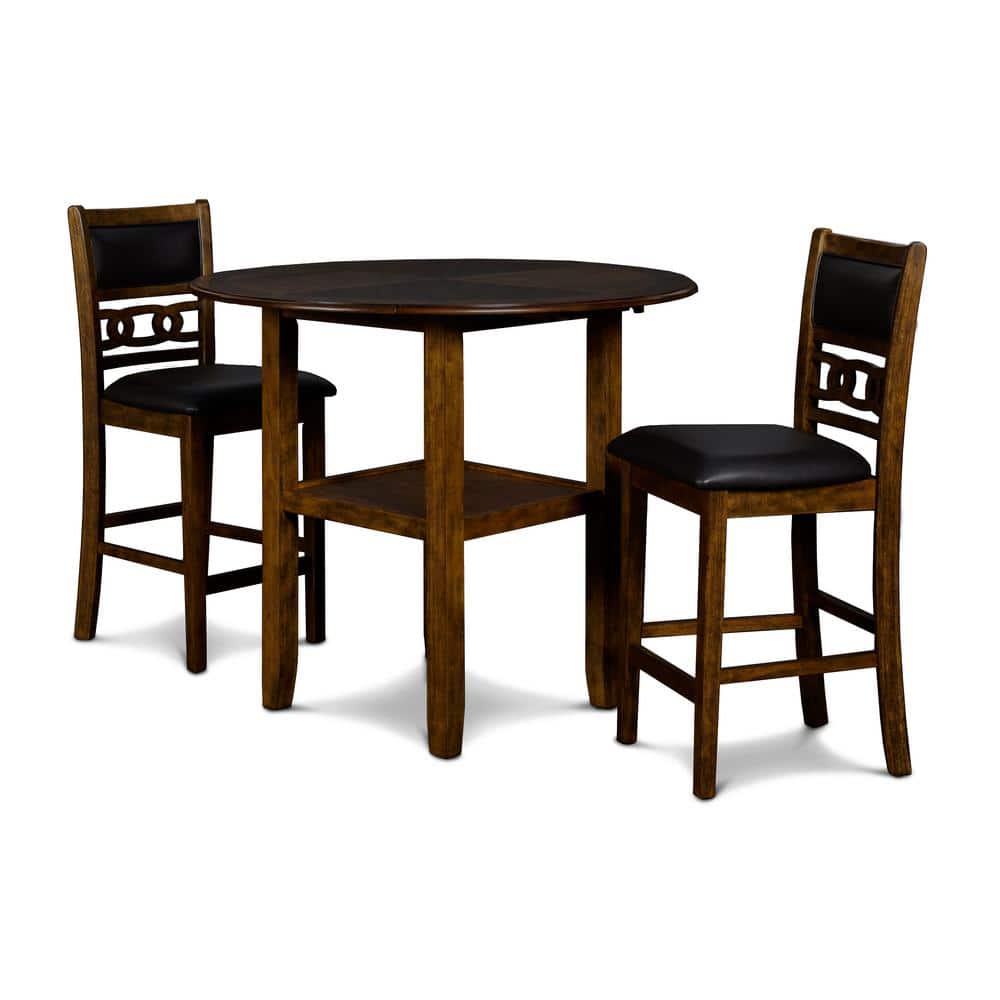 Brown Rubberwood Drop Leaf Counter Table Set with Black Upholstered Chairs