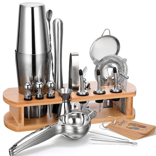 24-piece silver stainless steel drink mixing set with Boston shaker, muddler, jigger, stand and more