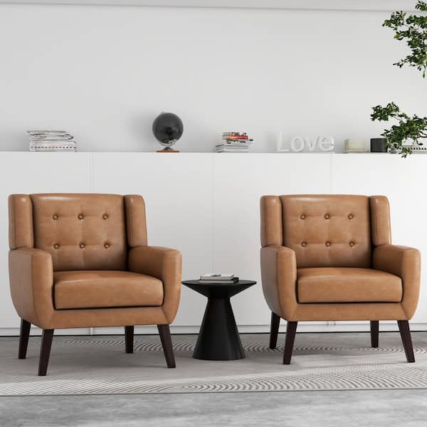 Mid-Century Modern Button Brown PU Leather Accent Armchair (set of 2)