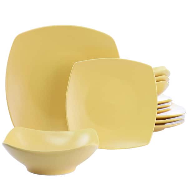 Gibson Home Zen Buffetware 12 Piece Square Fine Ceramic Dinnerware Set in Matte Yellow Service Set For 4