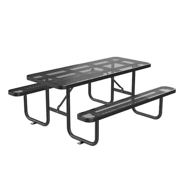 96 in. Black Rectangle Steel Picnic Tables Seats 8 People with 2.17 in. Umbrella Hole